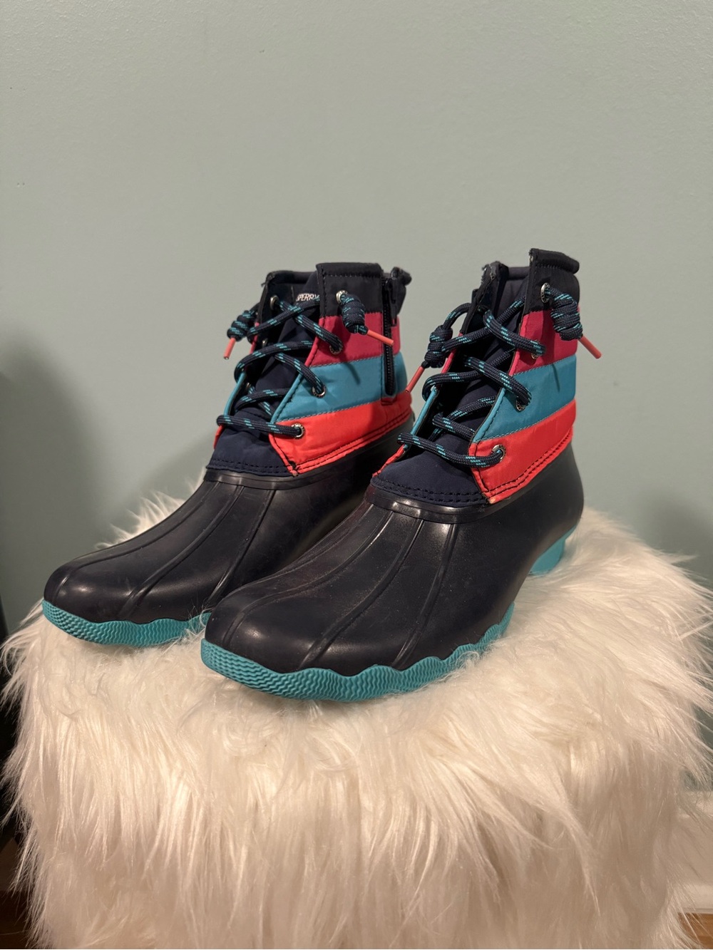 Sperry Navy Teal and Red Waterproof Duck Boots